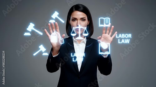 Confident Woman in Dark Suit Interacting with Digital Labor Law Icons on Gray Background Demonstrating Legal Expertise and Modern Technology Integration Seamlessly