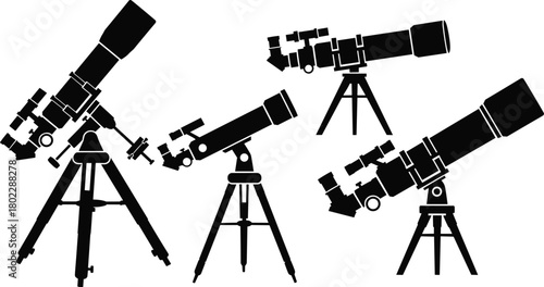 Vector illustration of astronomy telescope set, scientific observation equipment, stargazing tripod silhouette, optical lens, astrophysics research, space exploration, flat icons, technology isolated