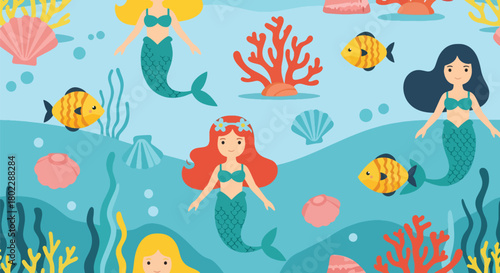 Flat vector seamless mermaid pattern with seashells, coral reefs, fish, and underwater elements in vivid colors. Ideal for girls’ décor, swimwear, fabrics, and magical themes