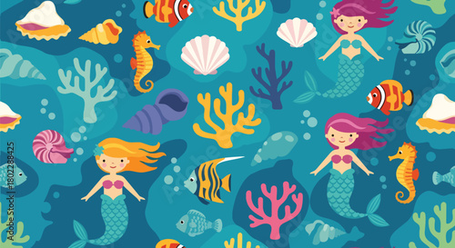Flat vector seamless mermaid pattern with seashells, coral reefs, fish, and underwater elements in vivid colors. Ideal for girls’ décor, swimwear, fabrics, and magical themes