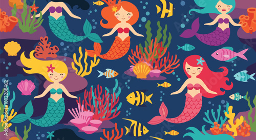 Flat vector seamless mermaid pattern with seashells, coral reefs, fish, and underwater elements in vivid colors. Ideal for girls’ décor, swimwear, fabrics, and magical themes