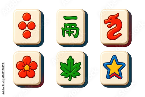 3D Mahjong Icon Set. 3D icon set of mahjong tile categories: number tiles, wind tiles, dragon tiles, flower tiles, season tiles,