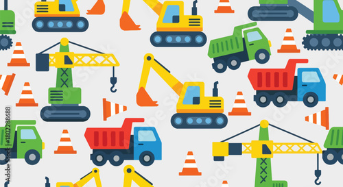 Flat vector seamless pattern with excavators, trucks, cranes, cones, and signs in vivid bold colors. Ideal for boys’ clothing, wallpapers, bedding, and construction themes