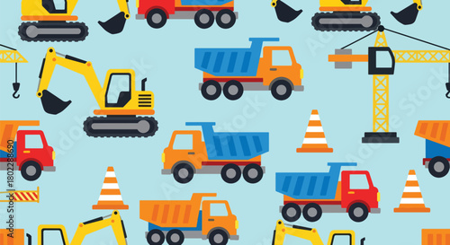 Flat vector seamless pattern with excavators, trucks, cranes, cones, and signs in vivid bold colors. Ideal for boys’ clothing, wallpapers, bedding, and construction themes