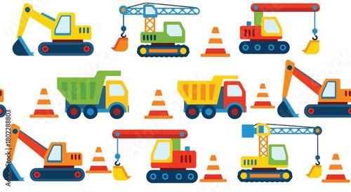 Flat vector seamless pattern with excavators, trucks, cranes, cones, and signs in vivid bold colors. Ideal for boys’ clothing, wallpapers, bedding, and construction themes