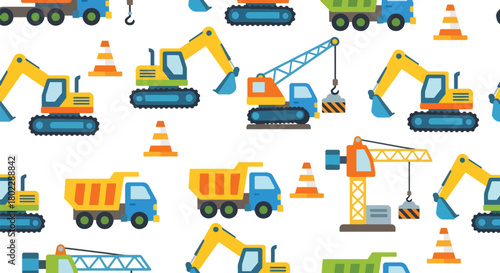 Flat vector seamless pattern with excavators, trucks, cranes, cones, and signs in vivid bold colors. Ideal for boys’ clothing, wallpapers, bedding, and construction themes