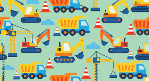 Flat vector seamless pattern with excavators, trucks, cranes, cones, and signs in vivid bold colors. Ideal for boys’ clothing, wallpapers, bedding, and construction themes