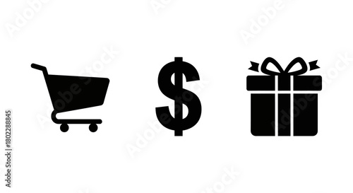 Shopping cart, dollar sign, and gift box icons in silhouette style