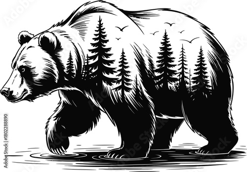 Silhouette of Walking Bear with Forest Landscape Inside