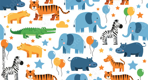 Flat vector seamless kids pattern with baby elephants, zebras, and hippos, decorated with balloons and stars. Ideal for nursery wallpapers, baby clothing, and playful décor