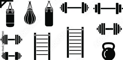 Vector illustration of fitness gym equipment set, punching bag, dumbbell, barbell, kettlebell, wall ladder, silhouette icons, exercise training symbol, flat graphic tools, sports health CAD drawing