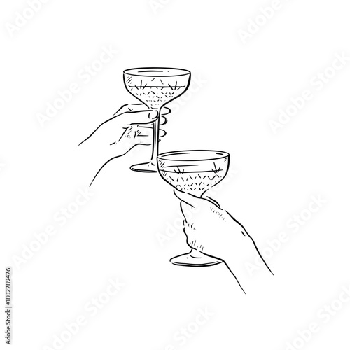 Clinking champagne cut glass glasses. Black and white illustration created by hand.