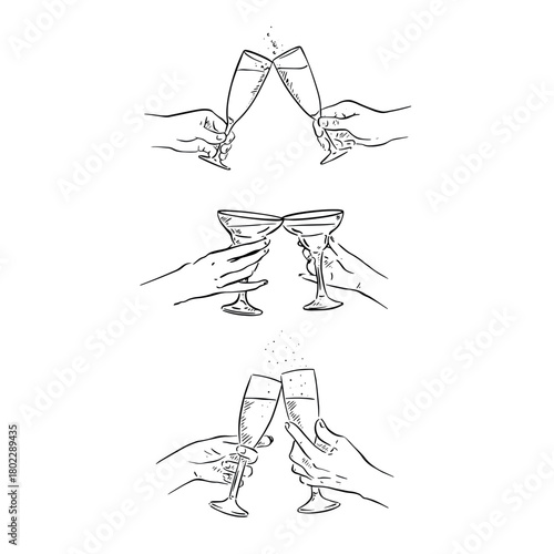 Three individual vectors of clinking champagne glasses. Hand drawn in black.