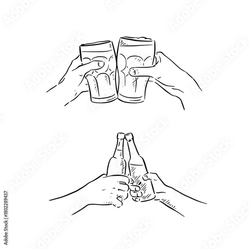 Cheers beer. Two illustrations of clinking glasses.