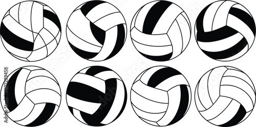 Vector illustration of volleyball ball icon set, different graphic designs, classic sports equipment, black and white decoration, flat pattern silhouette, team game, athletic competition