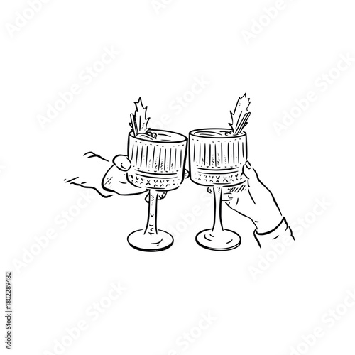 Cheers champagne glass with cut glass and holly and straws garnish.