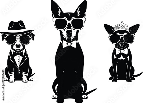 Vector illustration of stylish dog fashion set, classy dogs in suit, tuxedo, sunglasses, bow tie, crown, pet animal celebrity, canine costume fun, puppy silhouette, modern design, humorous art