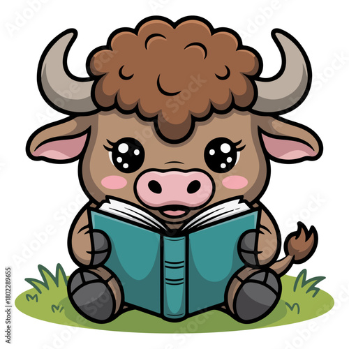 A cartoon bull reading a book while sitting on grass, cute style