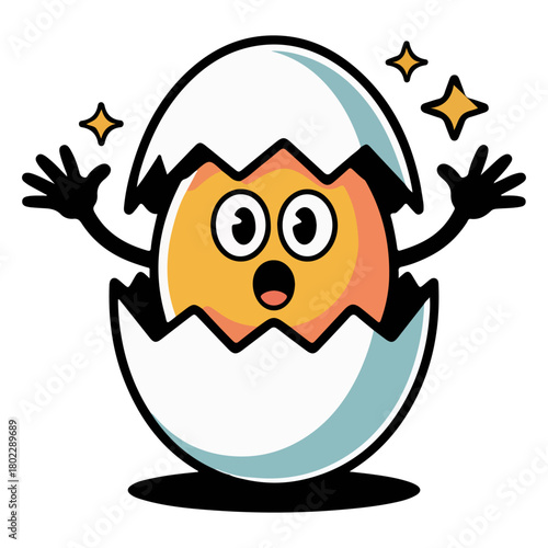 A cartoon egg hatching, revealing a surprised yolk with shining stars