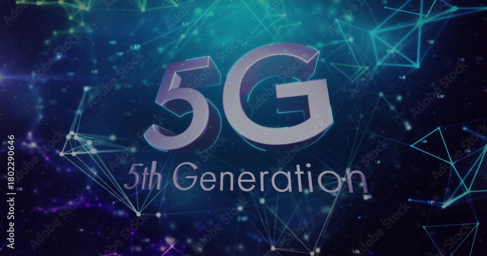 Fototapeta premium Displaying 3D 5G typography with 5th Generation subtitle centered in virtual space, glowing nodes