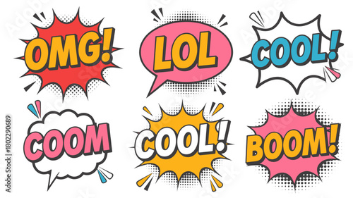 Set of comic speech bubbles with halftone shadows vector illustration of retro cartoon sound effects isolated on white background