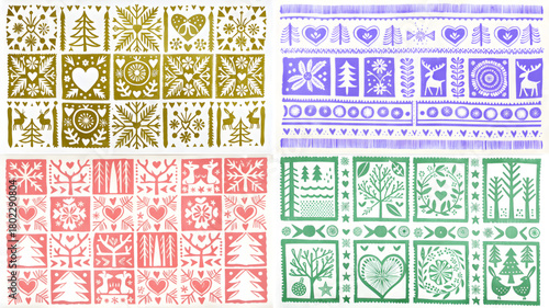 Four panels of folk art christmas patterns in gold purple pink and green with trees hearts and deer