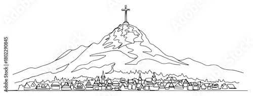 One continuous line drawing of a scenic mountain village European alpine town landscape with a cross on the peak in one line art style vector illustration