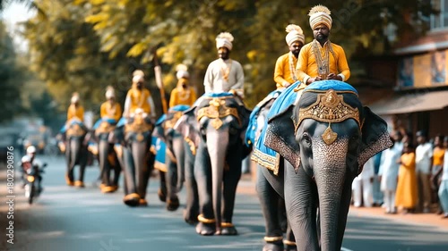 Mysuru Dasara procession, decorated elephants and royal guards, India, Mysore, Dasara, festival, procession, culture, tradition, Karnataka, with copy space