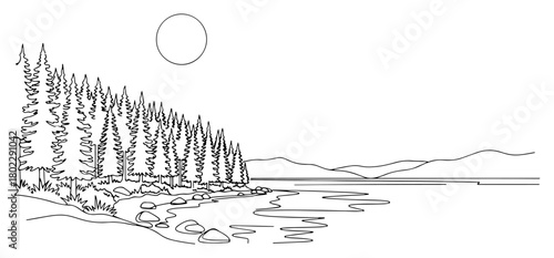 Pine forest on the lake shore at sunrise Continuous one line drawing Nature landscape with trees and water minimalist vector illustration