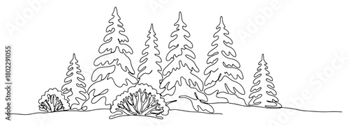 Winter forest landscape with pine trees in one continuous line drawing Vector illustration of a snowy woodland scene for nature or Christmas concept
