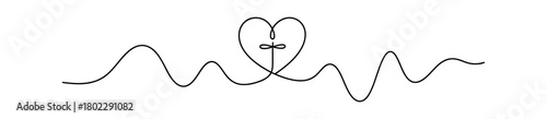 Heartbeat with Cross in Heart Shape Single Line Art on White Transparent Background