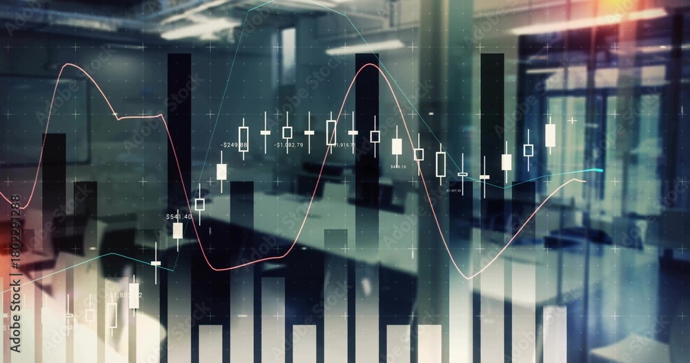 Fototapeta premium Displaying financial charts centered in open plan office, showing candlesticks and teal lines
