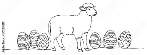 Easter lamb standing with decorated eggs one continuous line drawing. Spring holiday animal vector illustration.