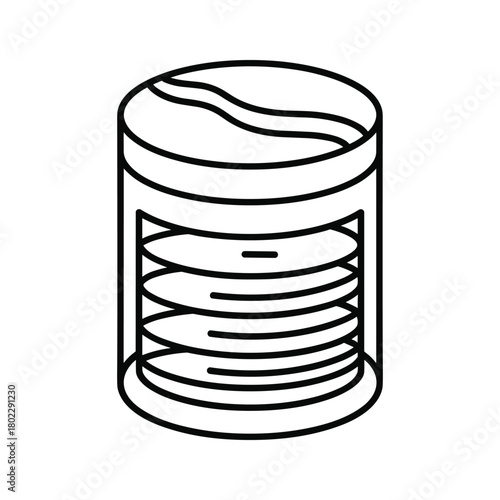 Simple line art icon depicting a stack of round discs within a clear cylindrical case or holder, versatile graphic.