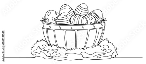 Easter basket with decorated eggs one continuous line drawing. Traditional holiday hunt symbol vector illustration.