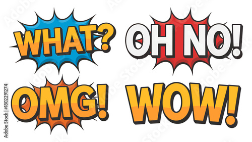 Comic speech bubbles with expressions vector illustration of cartoon sound effects isolated on white background