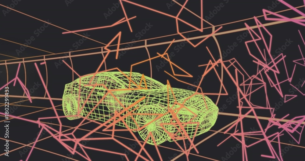 Fototapeta premium Rotating neon-green wireframe car model hovering in virtual studio, with pink magenta angular lines