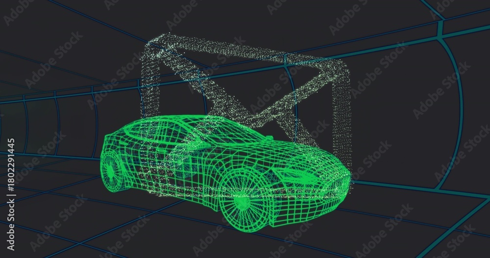 Obraz premium Rotating neon-green wireframe car model being scanned inside virtual chamber, with particle gantry