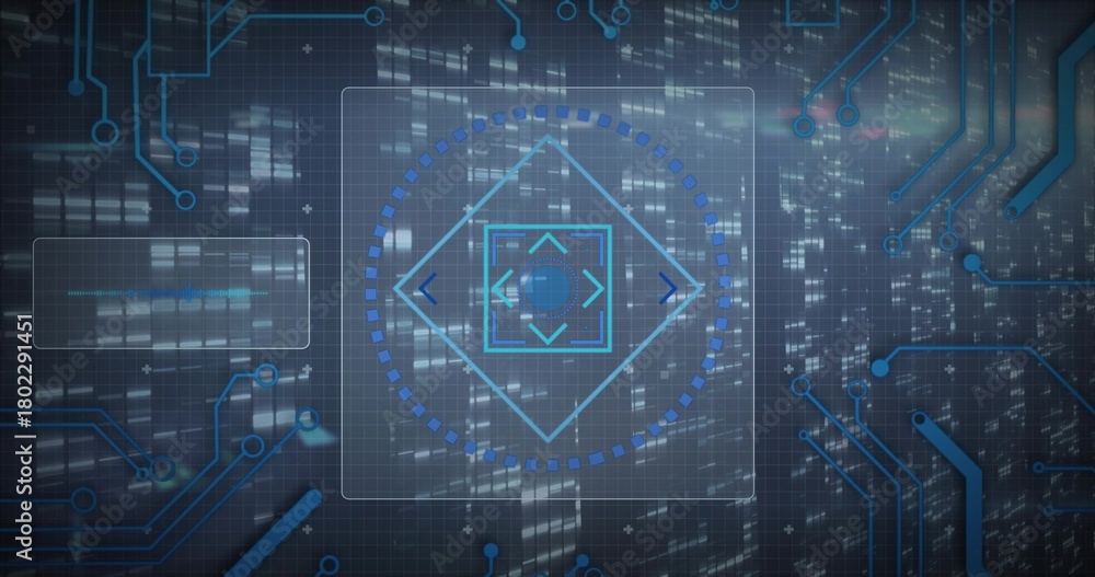 Naklejka premium Showing central holographic reticle rotating on HUD, with circuit traces and progress ring