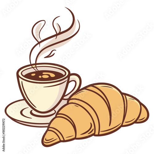 Croissant and Steaming Coffee Cup on White Background saucer hot beverage