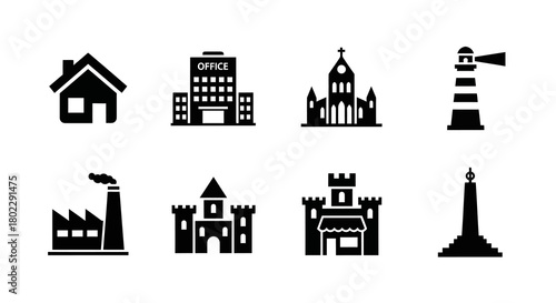 Icon set of buildings and landmarks in black and white silhouette style