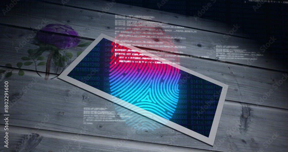 Fototapeta premium Displaying white print diagonal on wooden planks, showing blue-pink fingerprint, code, purple rose