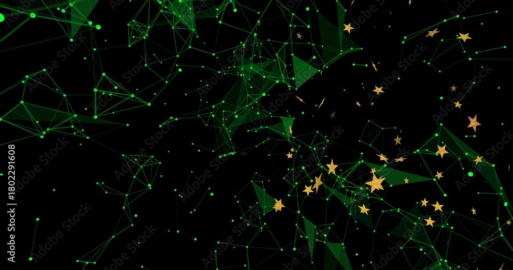 Fototapeta premium Pulsing glowing green nodes and lines forming triangular meshes in black void, with gold stars