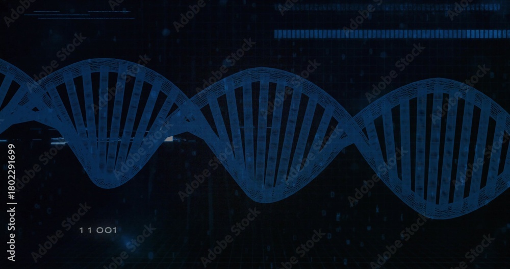 Naklejka premium Displaying blue digital double helix graphic across dark scientific interface, with binary digits