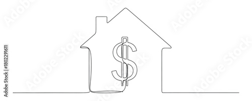 House Outline with Dollar Sign Icon, Single Line Drawing On Transparent Background