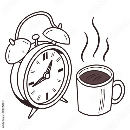 Vintage Alarm Clock and Steaming Coffee Cup Illustration hot beverage morning