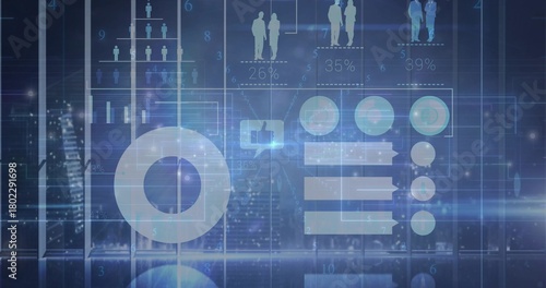 Displaying blue HUD showing donut chart, nodes and bars over blurred night skyline, percent labels