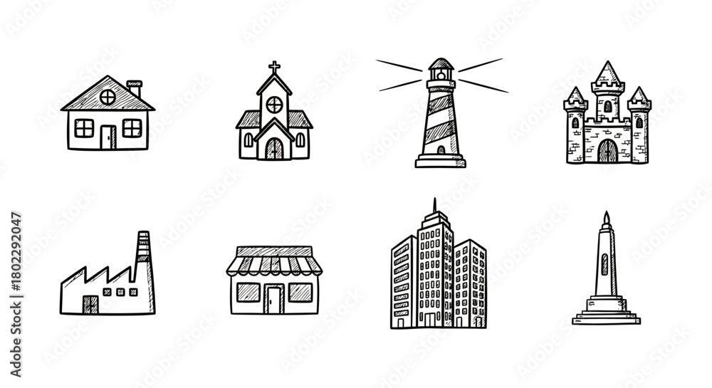 Fototapeta premium Hand-drawn building icons set: houses, churches, lighthouses, and more