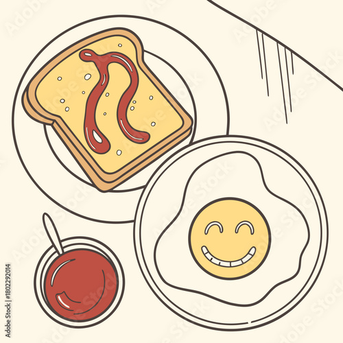 Breakfast plate with smiling fried egg and toast ketchup