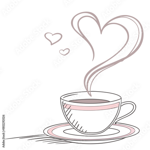 Hand Drawn Coffee Cup with Heart Shaped Steam and Pink Accents saucer